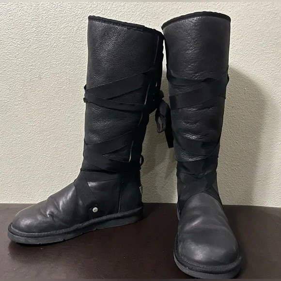 UGG Australia Tall Lace Ribbon Black Leather Sherpa Lined Boots Size 8 - Picture 8 of 13